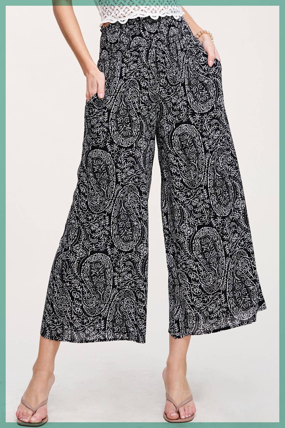 JCP4225-Boho Paisley Print Wide Leg Flowy Pants with Pockets