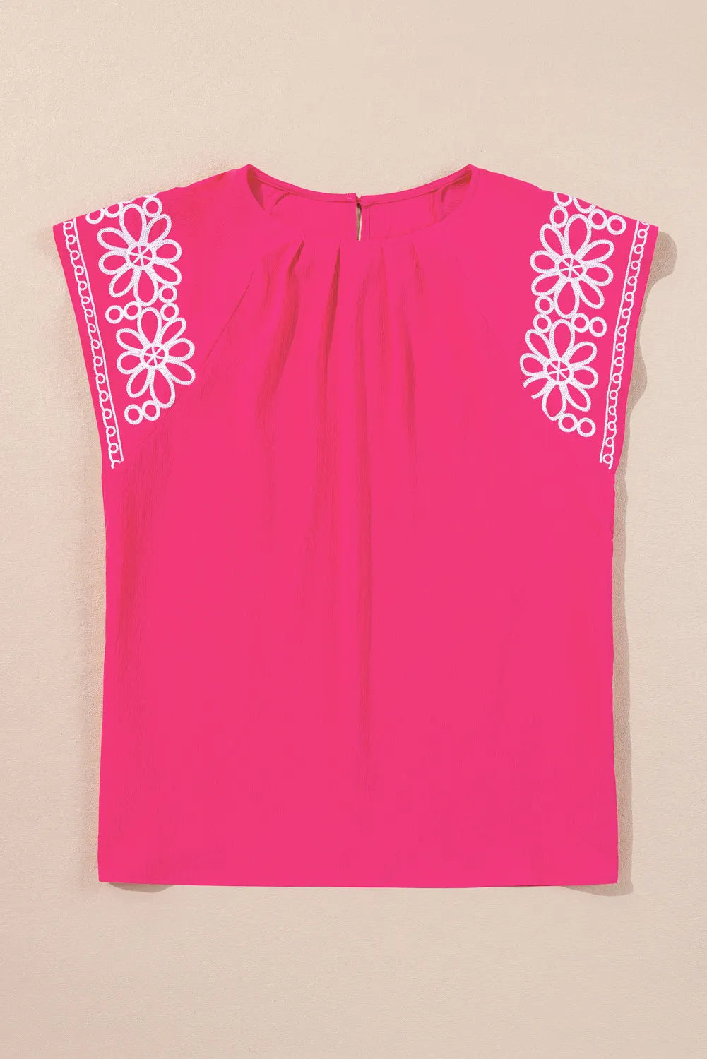 Plus Size Strawberry Pink Floral Embroidered Flutter Sleeve Pleated O Neck Blouse