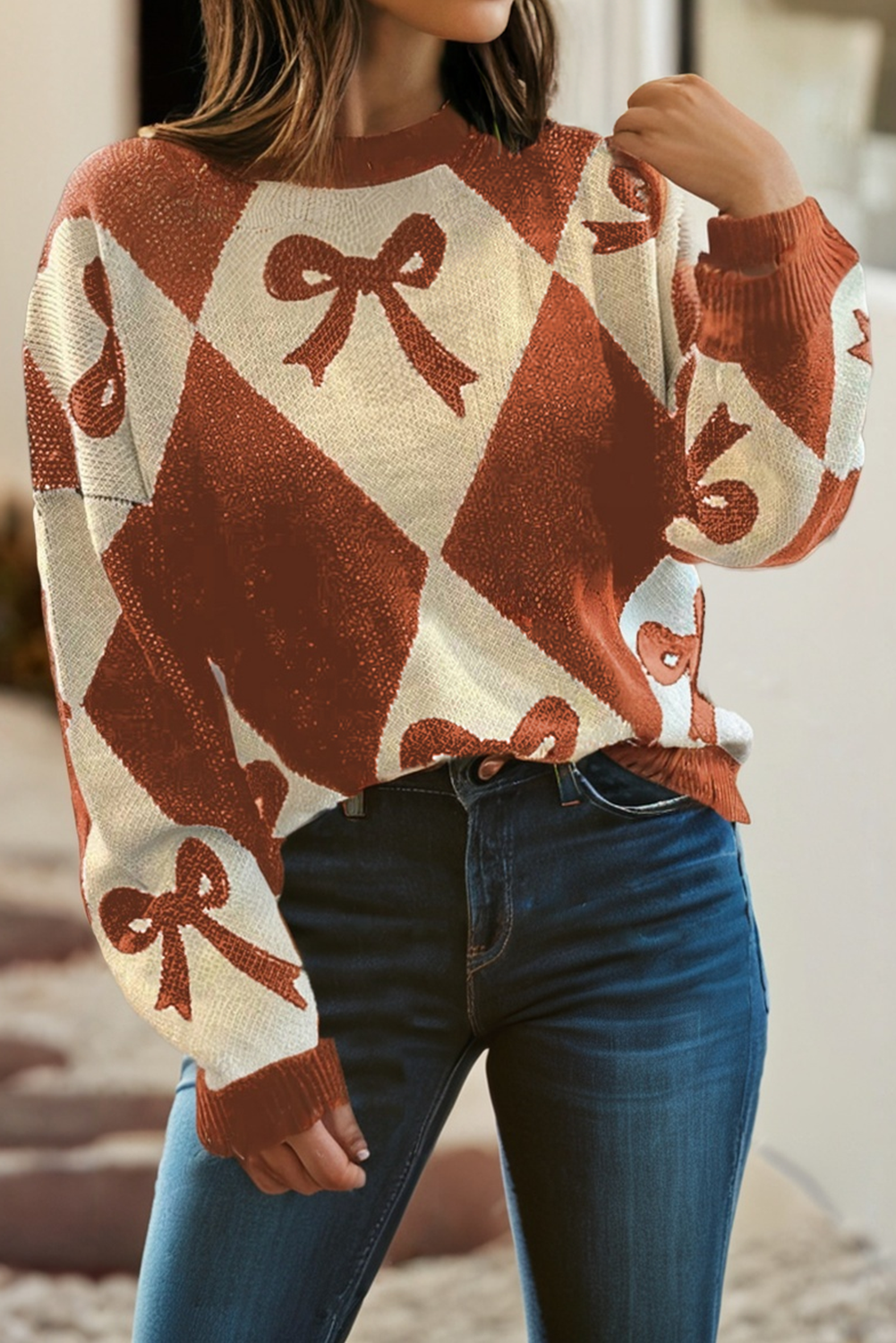 Little Daisy Closet - LDC Bow Print 2-tone Rhombus Knit Loose Sweater