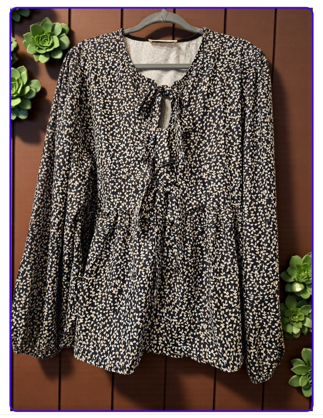 Floral Black & White Blouse w/Ribbon Bow Tie