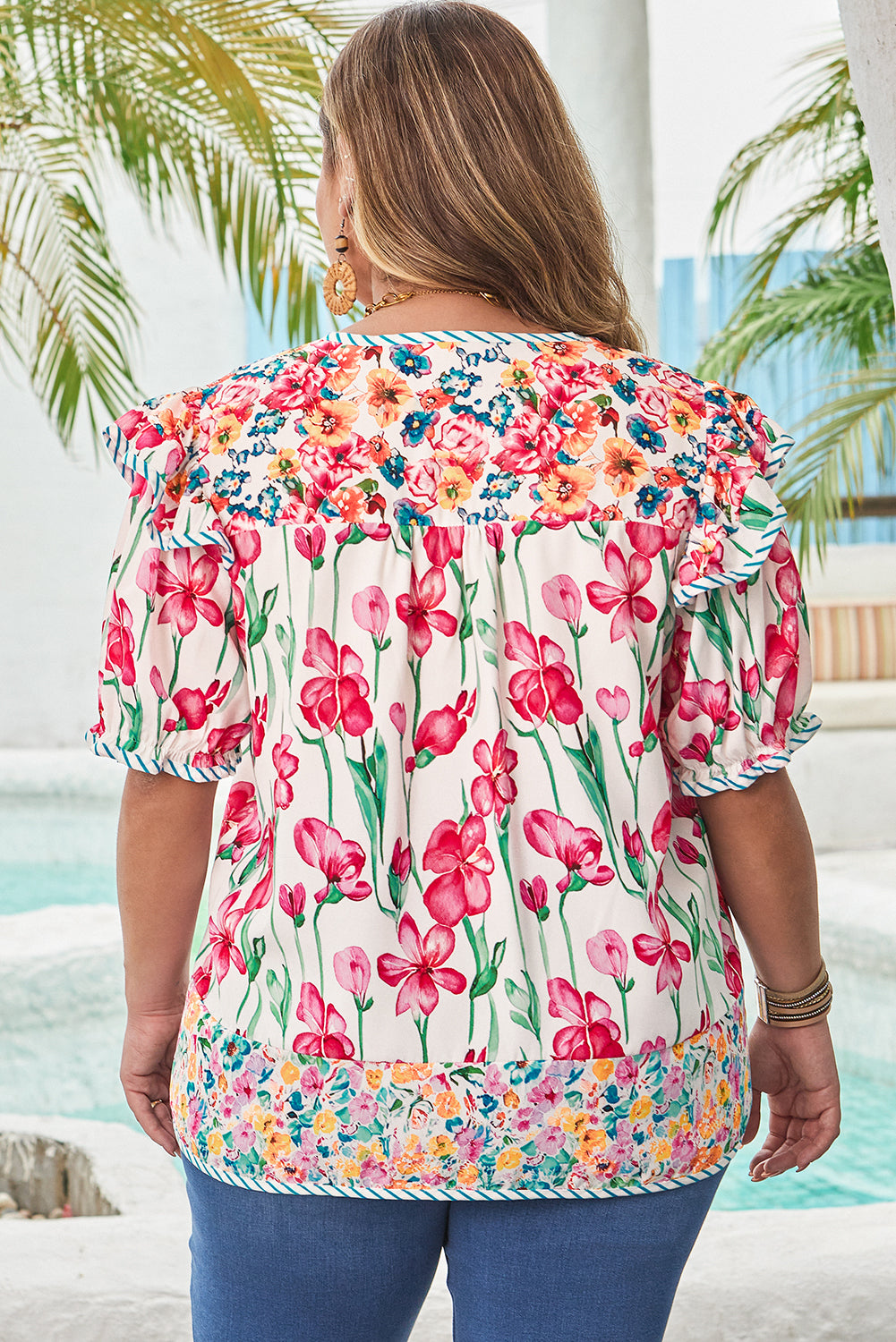Plus Size Pink Floral Print Striped Trim V Neck Blouse