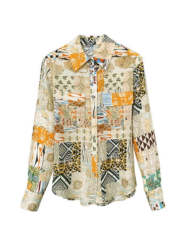 Long Sleeves Loose Buttoned Pockets Printed Lapel Blouses & Shirts Tops