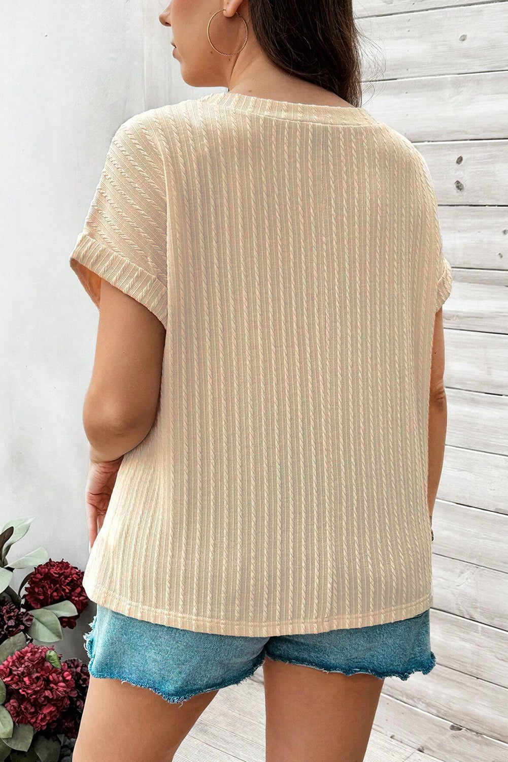 Plus Size Beige Lace Crochet Patched Cable Textured Cuffed Short Sleeve Top