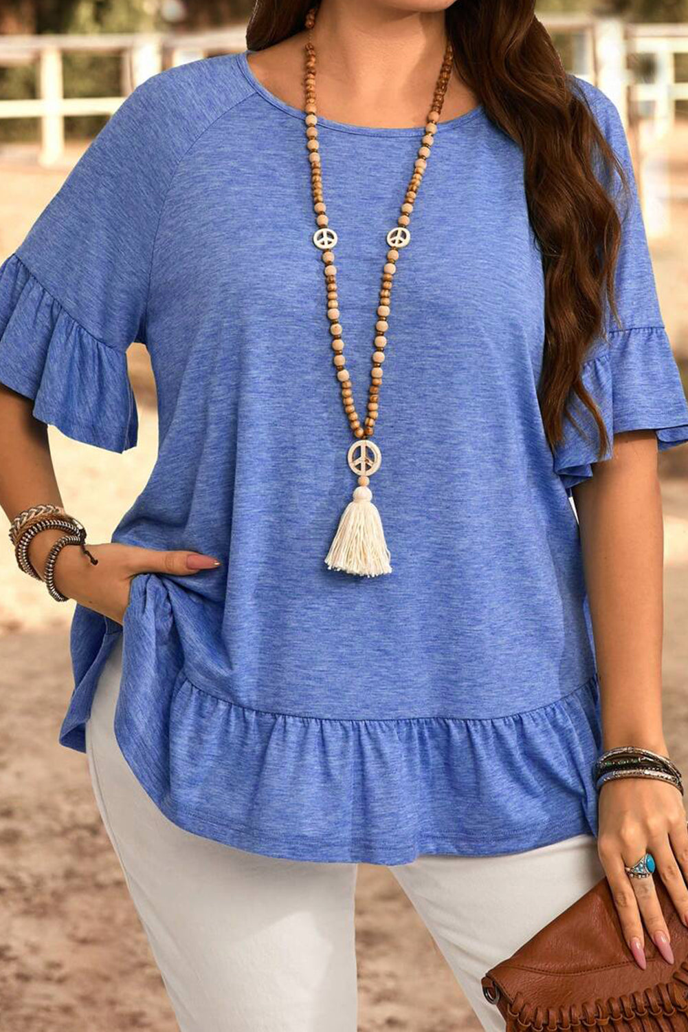 Plus Size Dusk Blue Ruffled Short Sleeve Casual Blouse