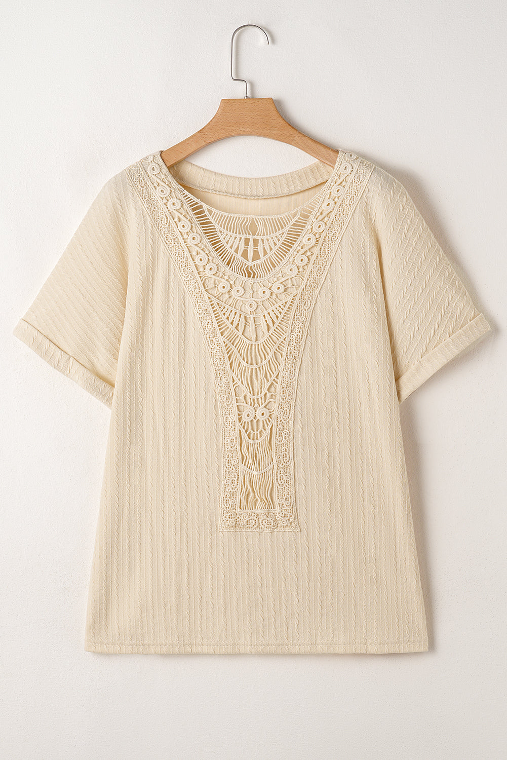 Plus Size Beige Lace Crochet Patched Cable Textured Cuffed Short Sleeve Top