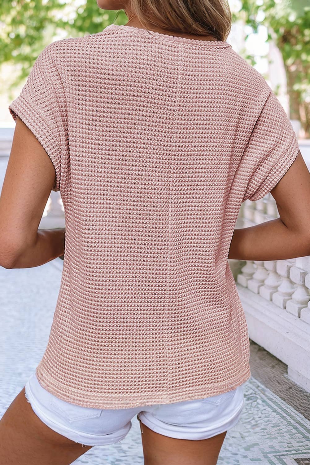 LDC Lace Patchwork Waffle Short Sleeve Top