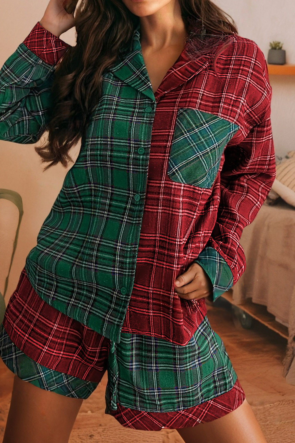 LDC Plaid Patched Christmas Shirt and Short 2pcs Pajamas Set
