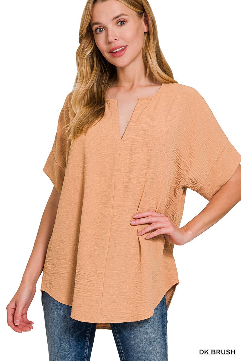 Woven Airflow Split Neck, Short Sleeve Top by Zenana