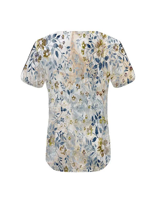 Loose Plus Size Buttoned Flower Print Hollow V-Neck T-Shirts Tops