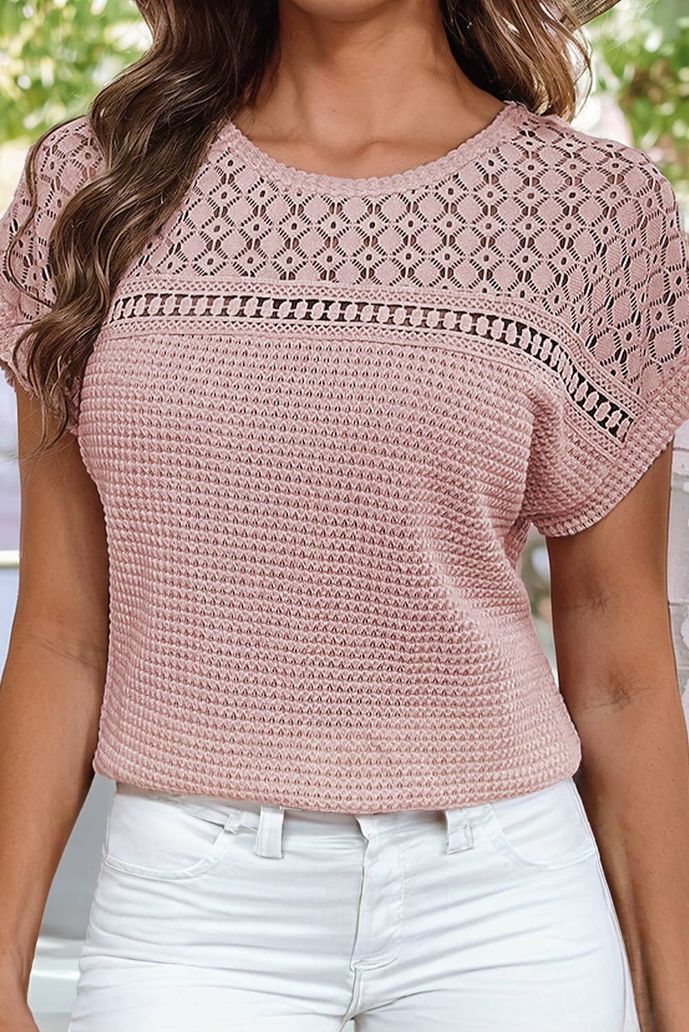 LDC Lace Patchwork Waffle Short Sleeve Top