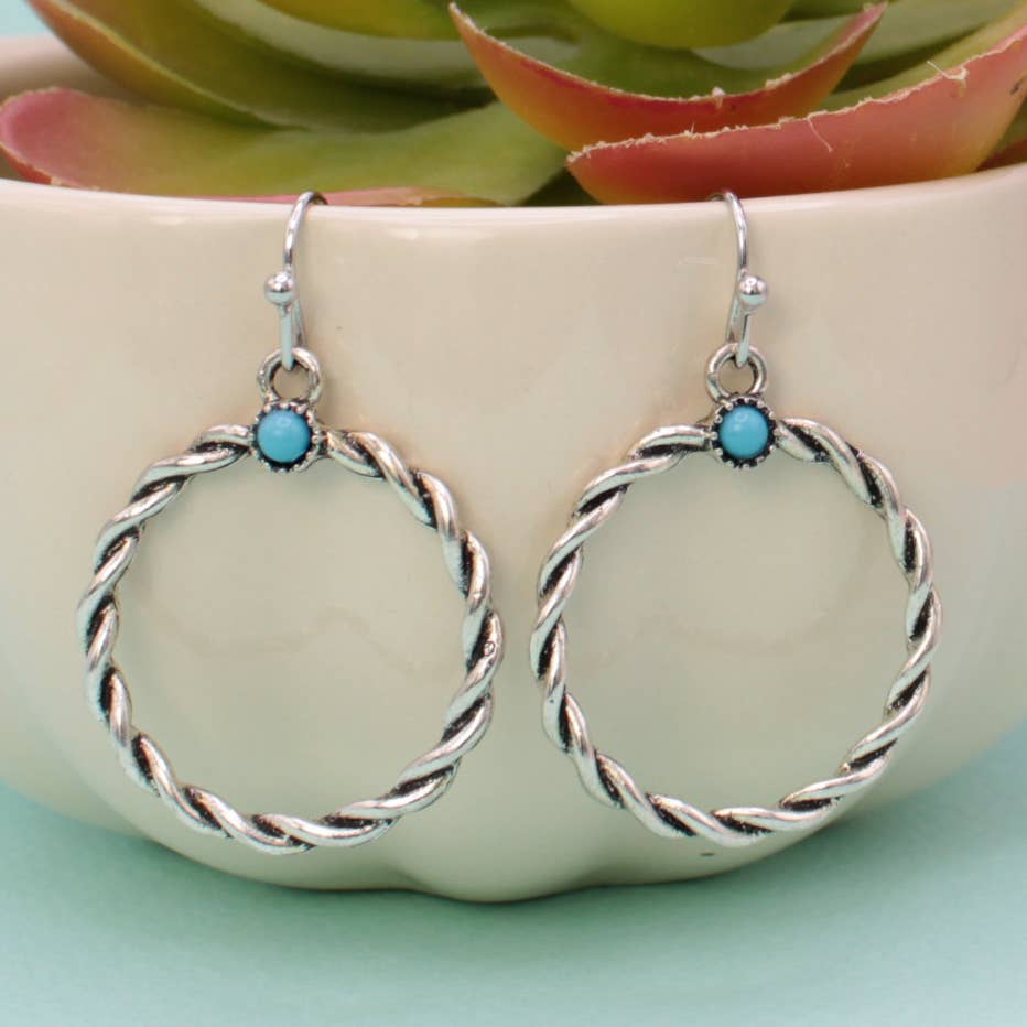 ZAD - Twisted Silver Circle Turquoise Earrings