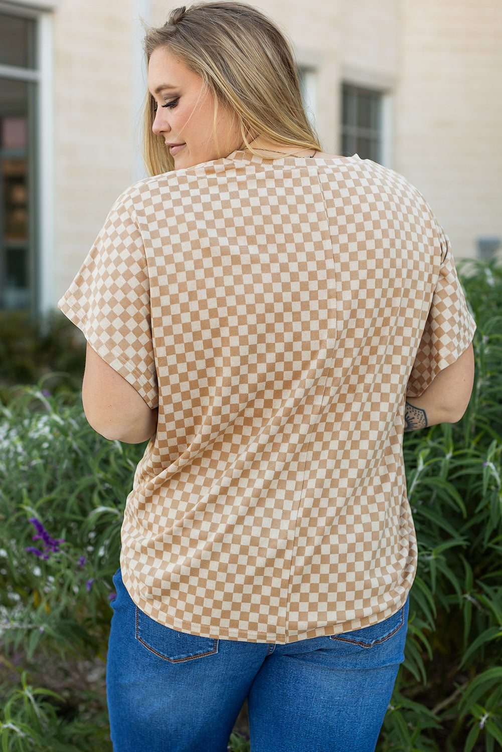Plus Size Khaki Checkerboard Batwing Sleeve Neck T Shirt