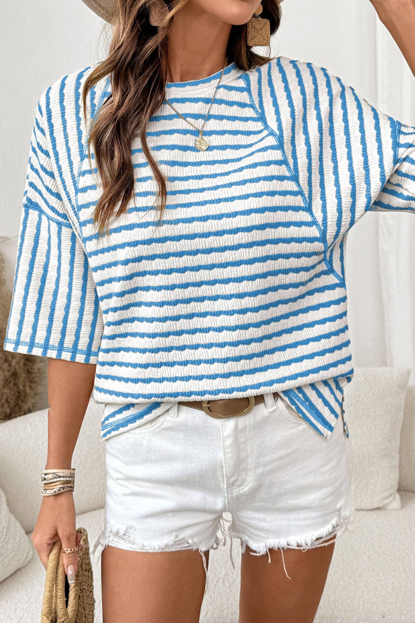 Little Daisy Closet -Striped Textured Knit, Split Hem, Loose Top