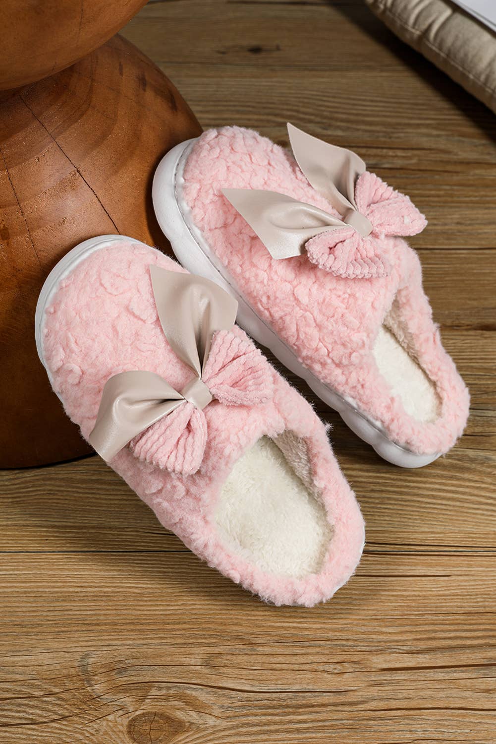Little Daisy Closet - LDC Contrast Bowknot Applique Plush Winter Slippers