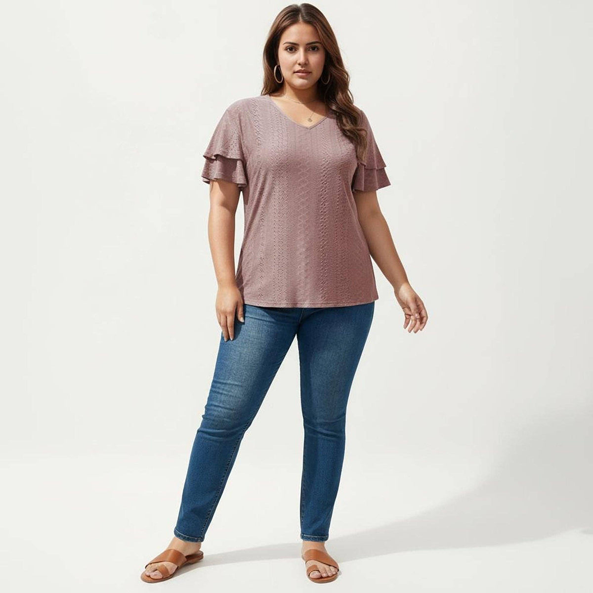 Anna Kaci Wholesale - Plus Size Short Sleeve V Neck Top with Textured Knit Fabric Tiered Ruffle Sleeves Shirt
