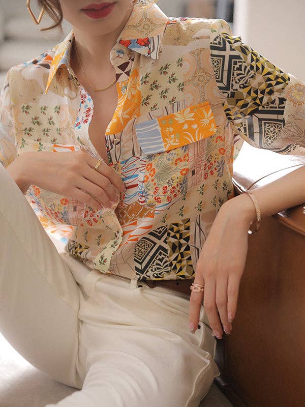 Long Sleeves Loose Buttoned Pockets Printed Lapel Blouses & Shirts Tops