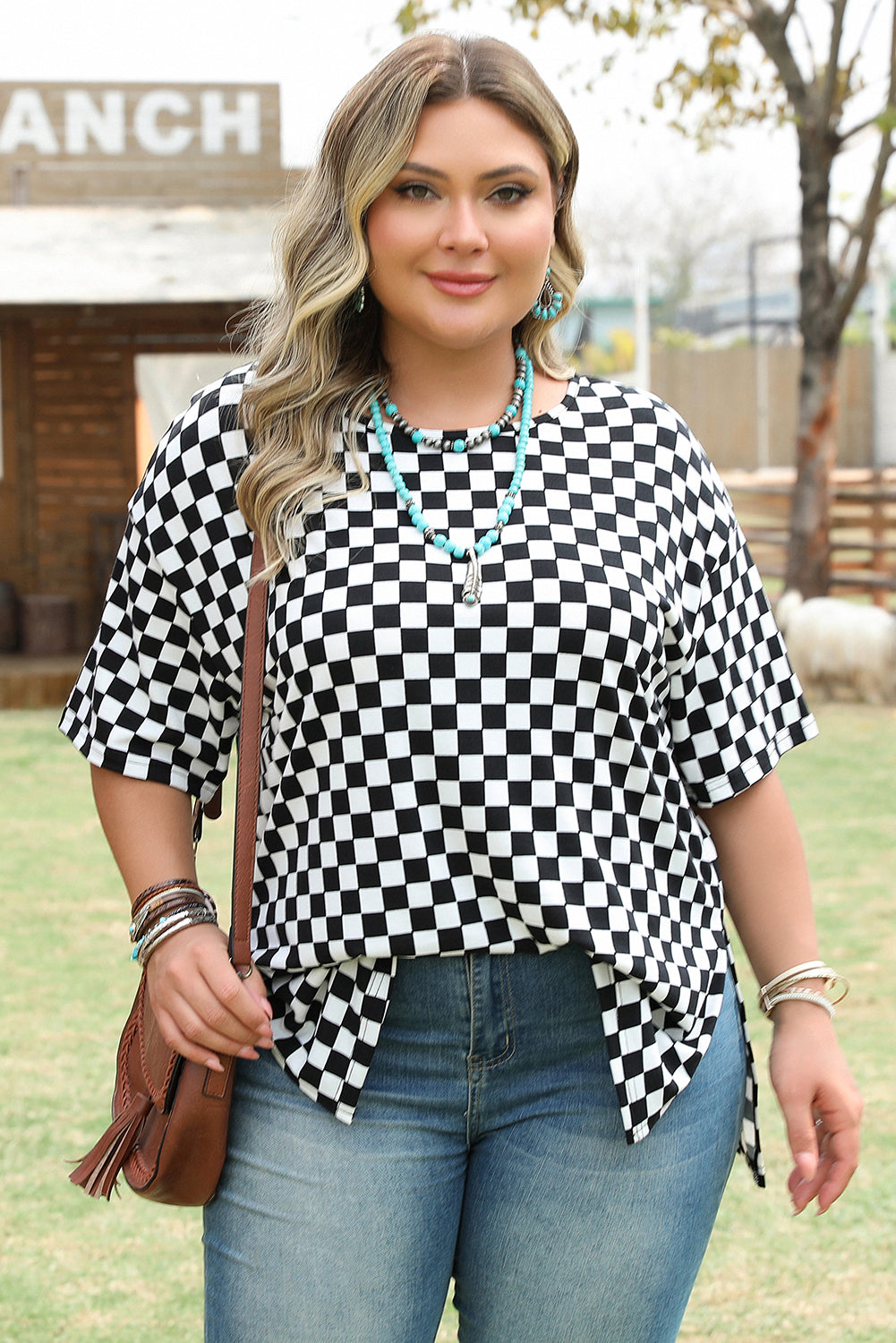 Plus Size Black Checkered Print T Shirt