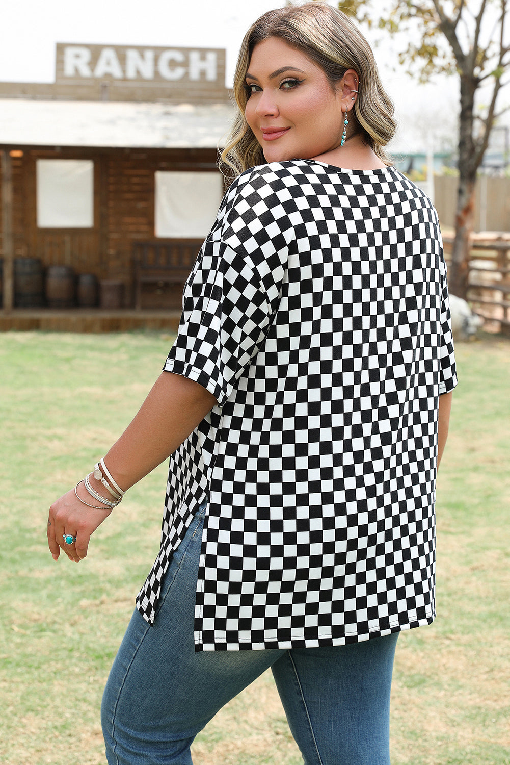 Plus Size Black Checkered Print T Shirt