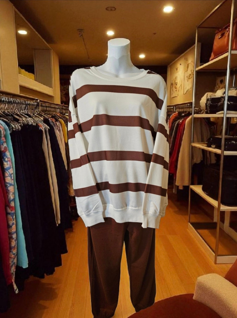 Striped Drop Shoulder Pullover and Jogger Pants Set