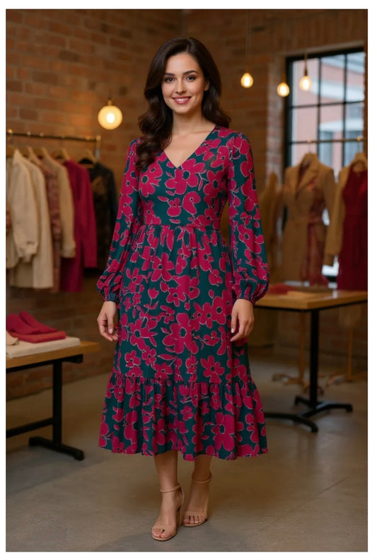 Vintage Floral Midi Ruffle Hem Dress