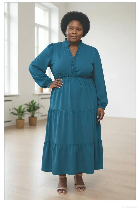SOLID SMOCKING WAIST TIERED MIDI WOVEN DRESS