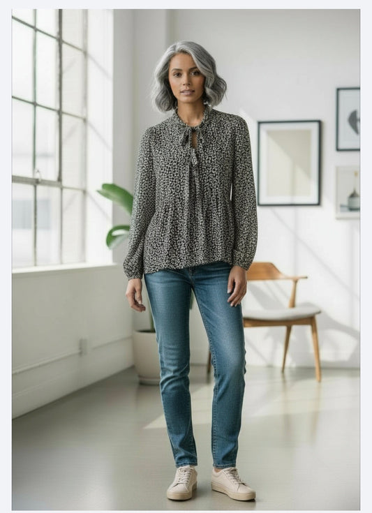 Floral Blouse w/Ribbon Bow Tie