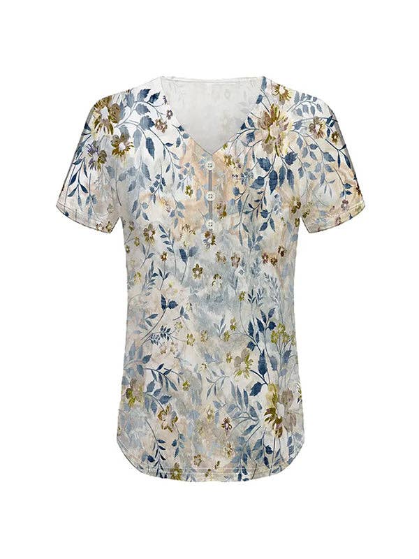 Loose Plus Size Buttoned Flower Print Hollow V-Neck T-Shirts Tops