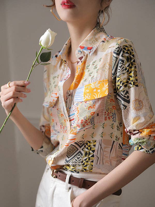 Long Sleeves Loose Buttoned Pockets Printed Lapel Blouses & Shirts Tops