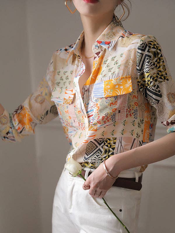 Long Sleeves Loose Buttoned Pockets Printed Lapel Blouses & Shirts Tops