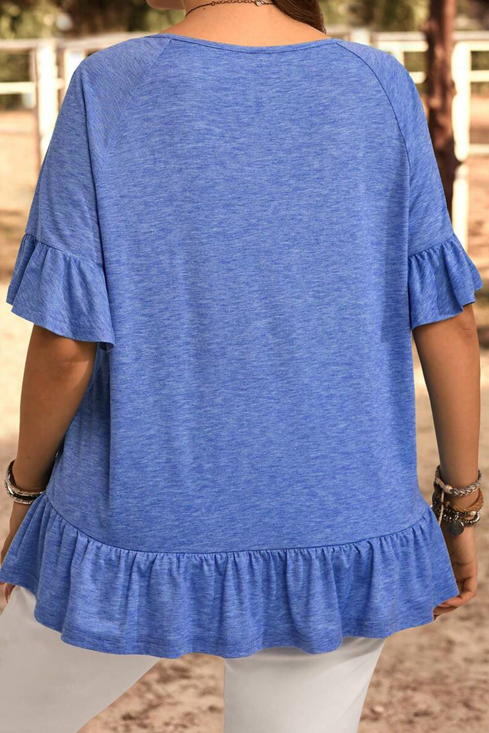 Plus Size Dusk Blue Ruffled Short Sleeve Casual Blouse