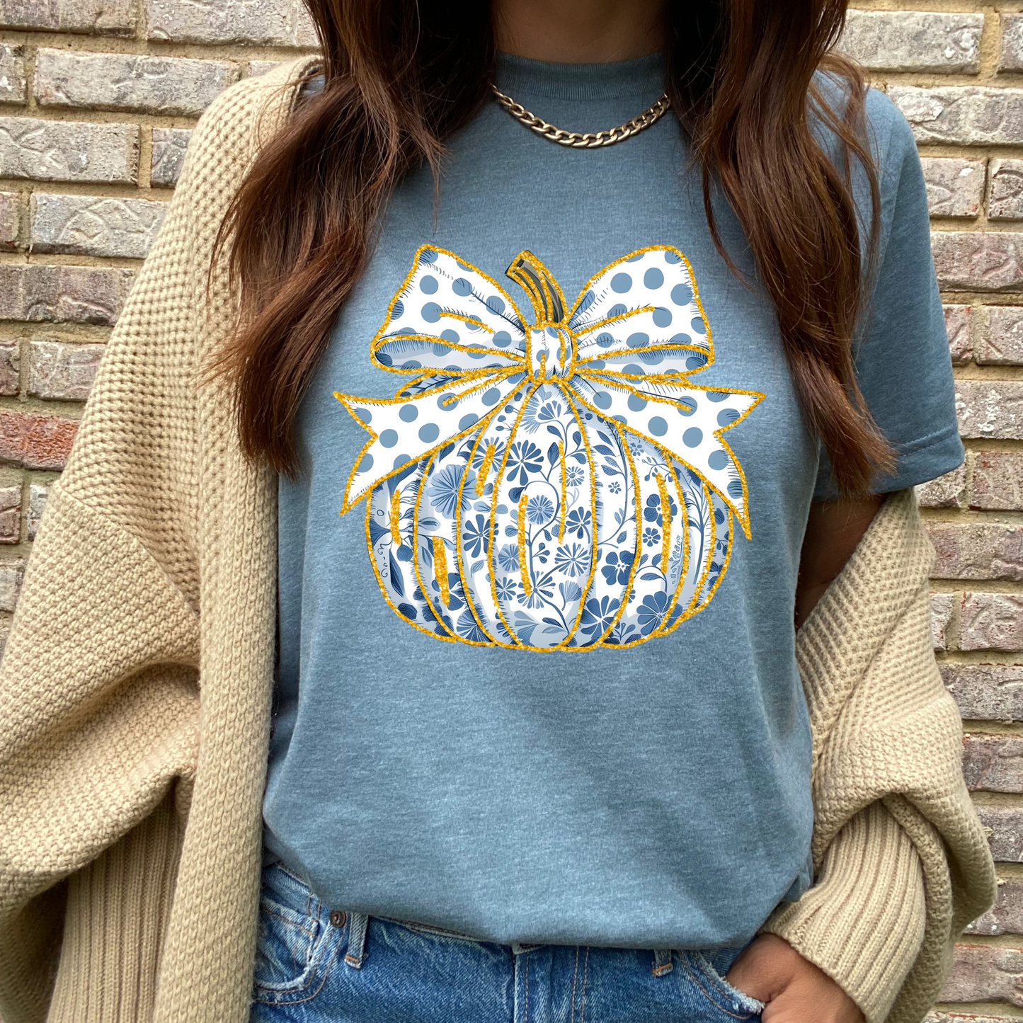 Dixie Grace Mercantile - Blue and White Floral Pumpkin Graphic Tee