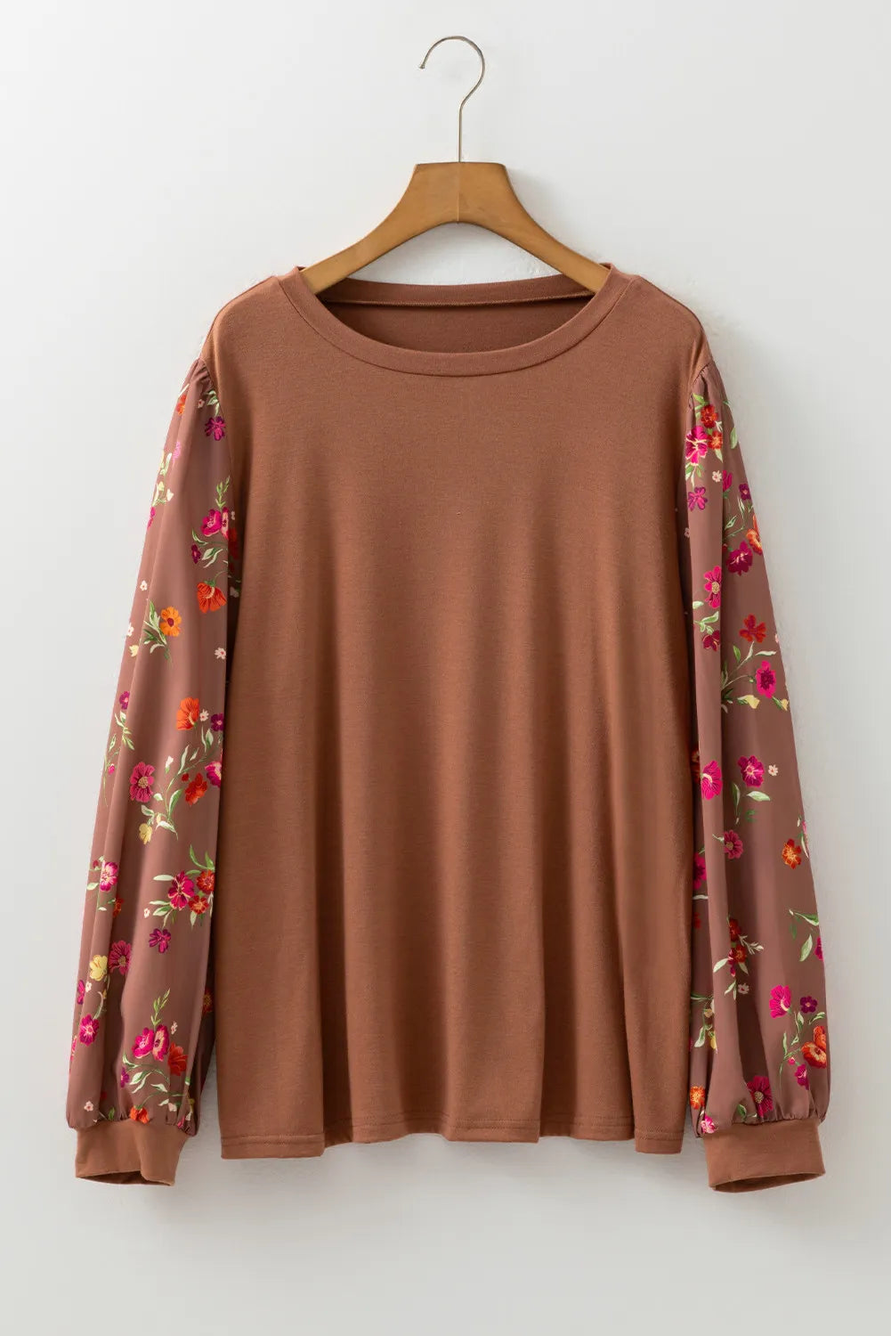 Plus Size Brown Floral Sleeve Patchwork Round Neck Blouse