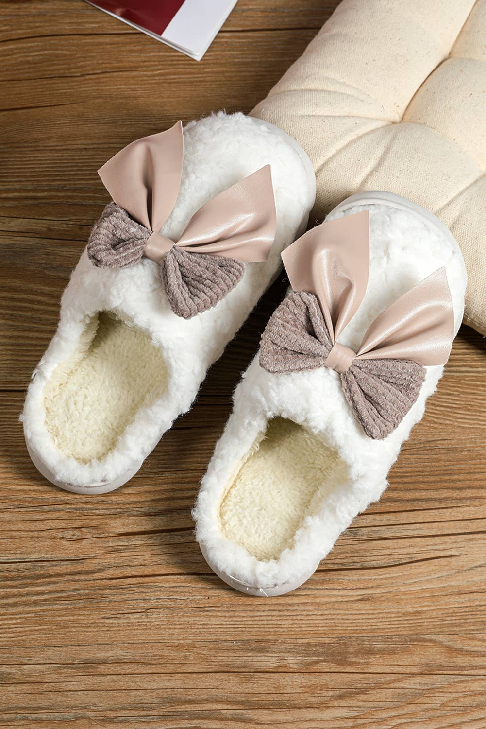 Little Daisy Closet - LDC Contrast Bowknot Applique Plush Winter Slippers