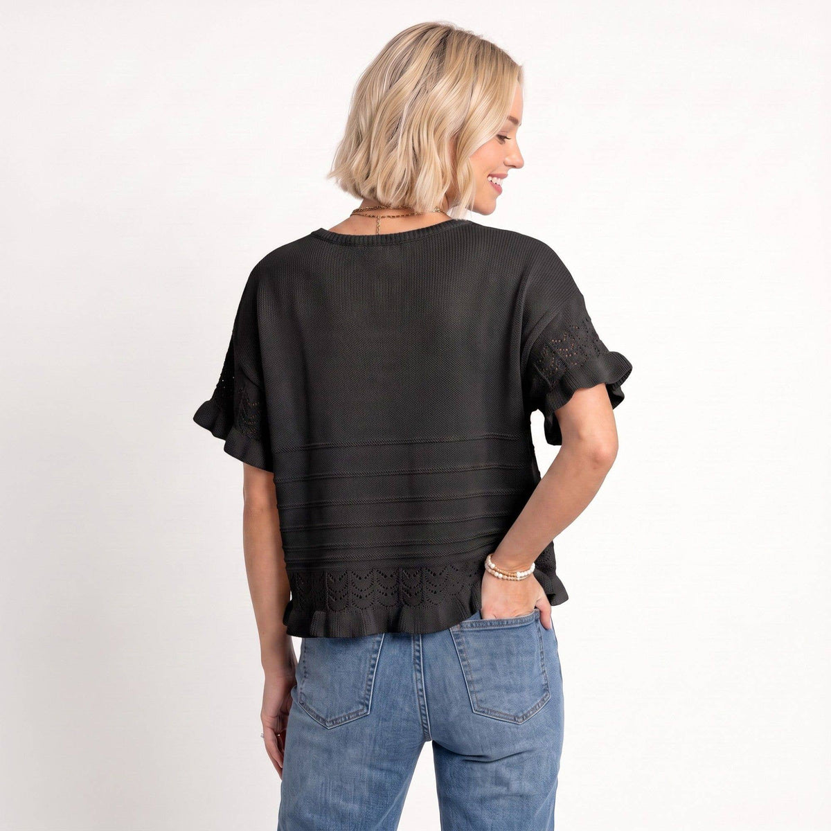 Anna Kaci Wholesale - Short Sleeve Sweater Top Lace Ruffle Hem Textured Knit Blouse