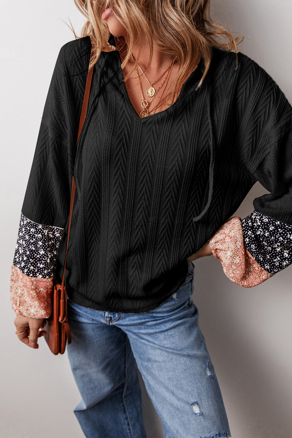 Floral Patchwork Drawstring Blouse