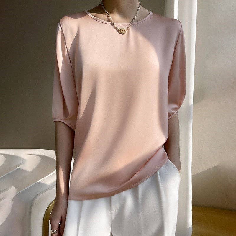 Loose Fit Plus Size Solid Color Satin Short Sleeve T-Shirt