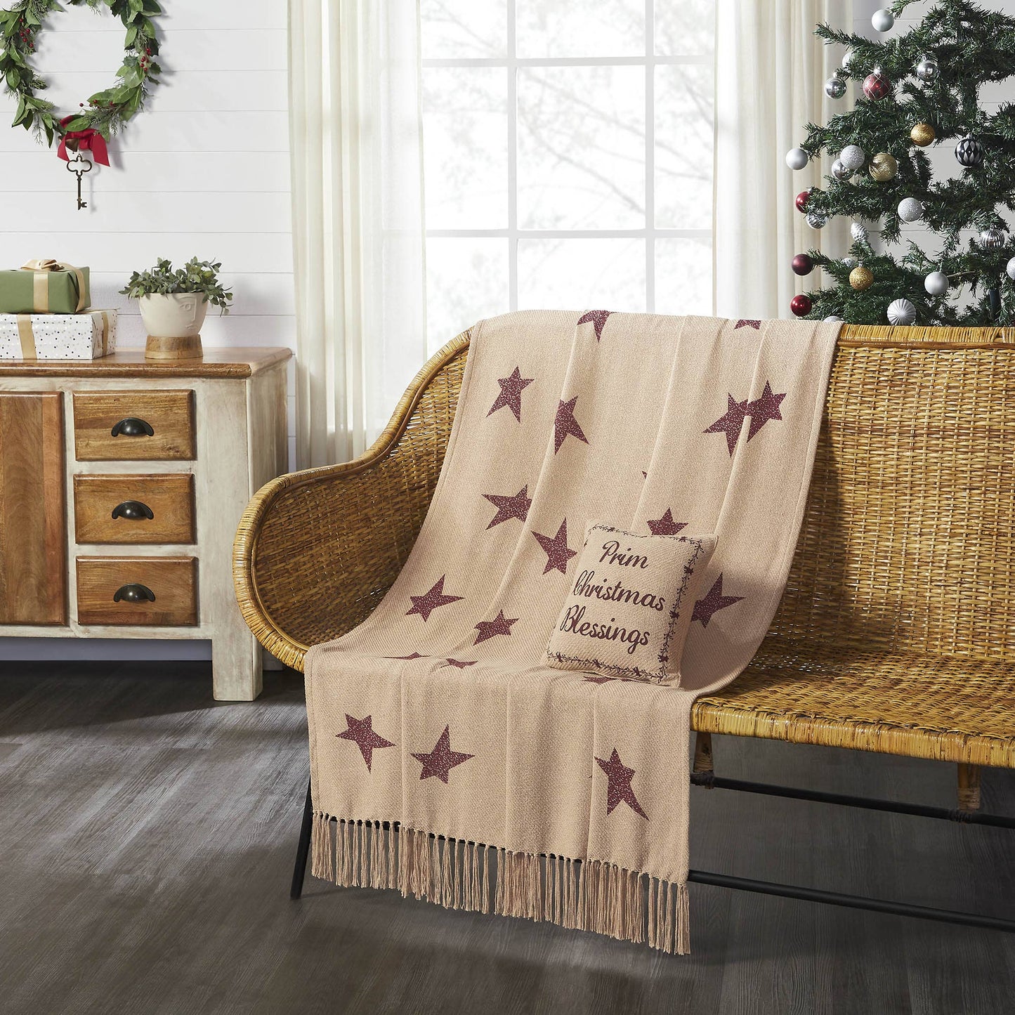 VHC Brands - Burgundy Primitive Star Woven Throw Blanket 50x60 Gable