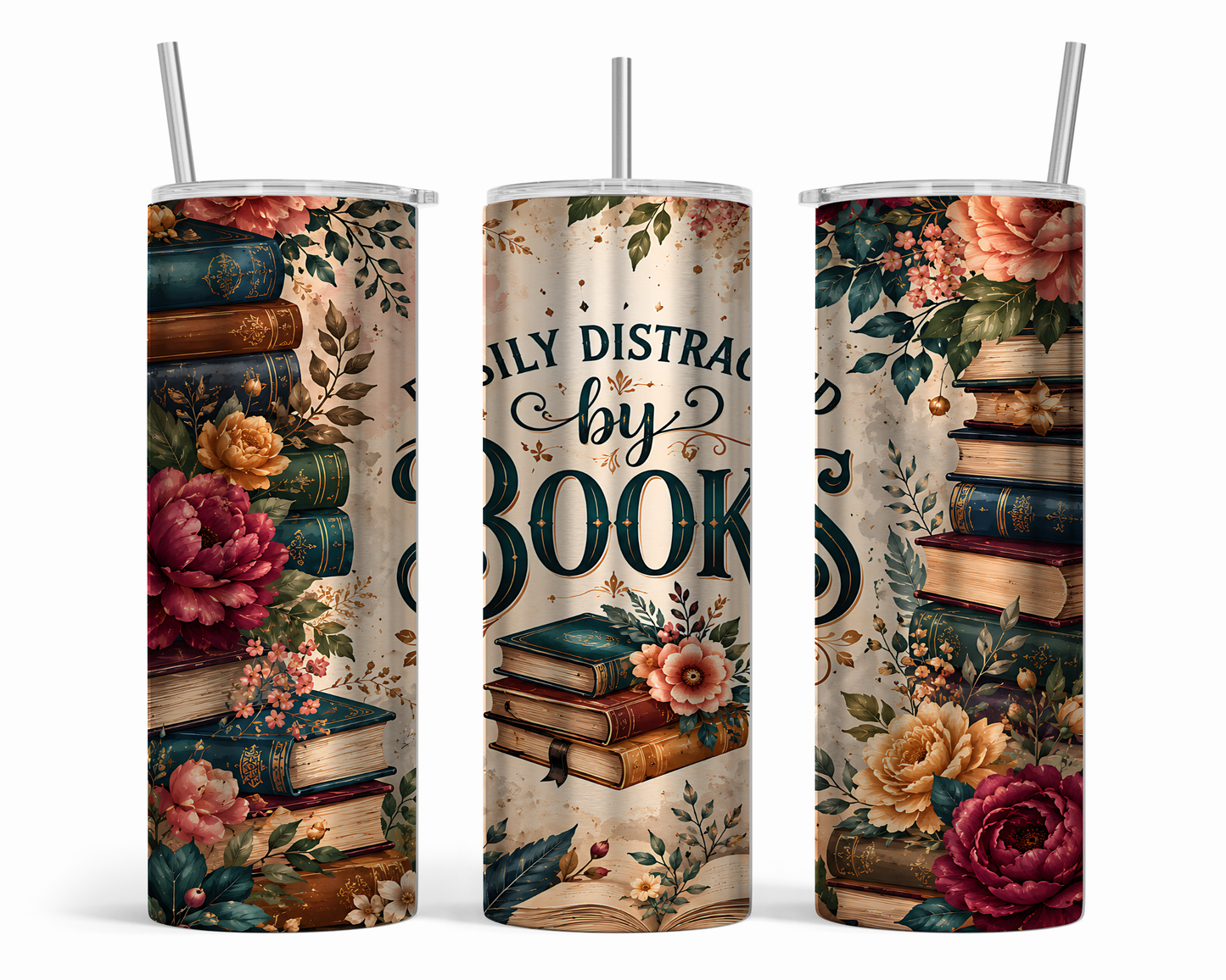 Nordic and Native - Easily Distracted by Books Tumbler | 20 oz Book Lover Gift | Floral Library Cup | Reader Gift | Bookworm Coffee Tumbler | Book Gift