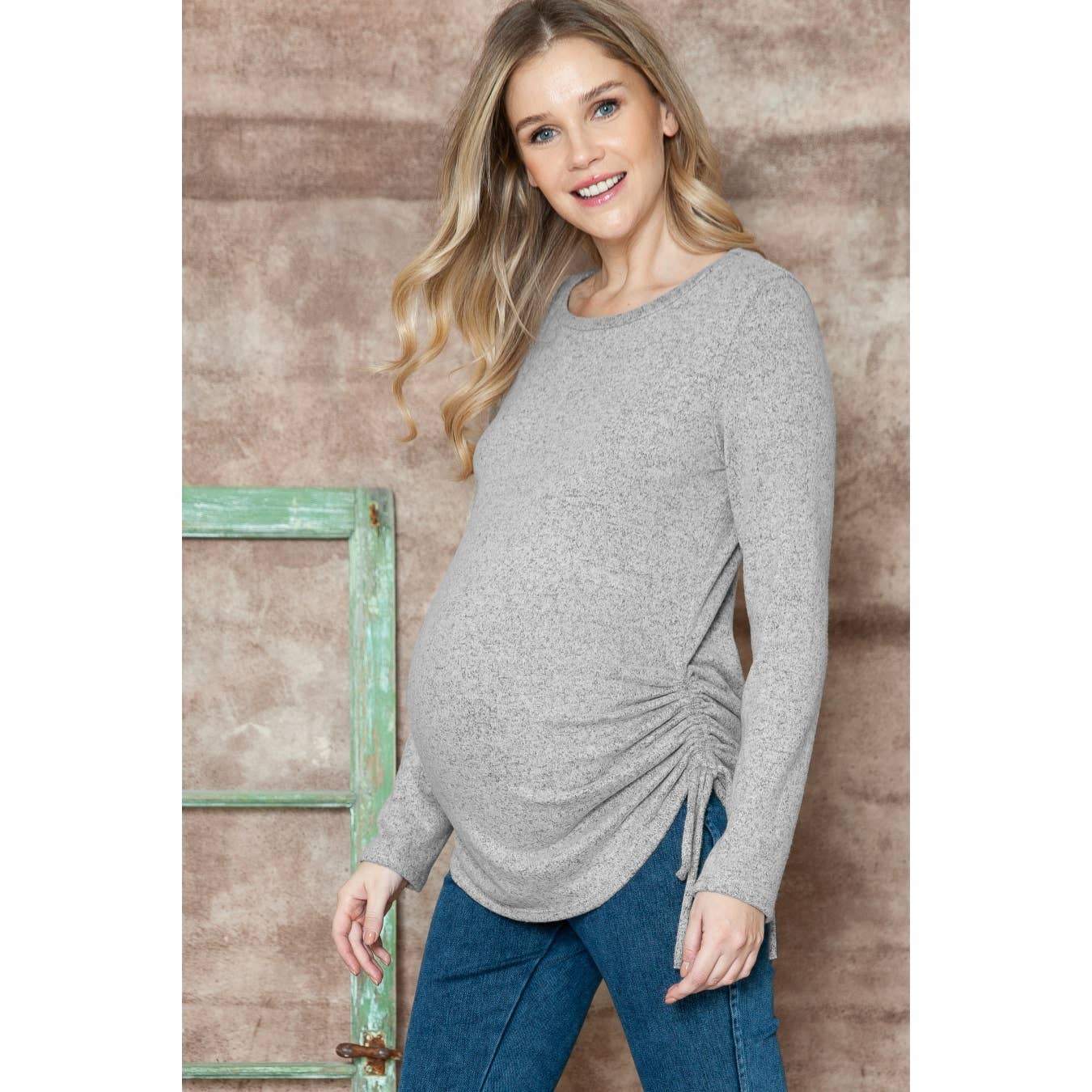 Maternity Long Sleeve Basic Hacci Top with Side Shirring0