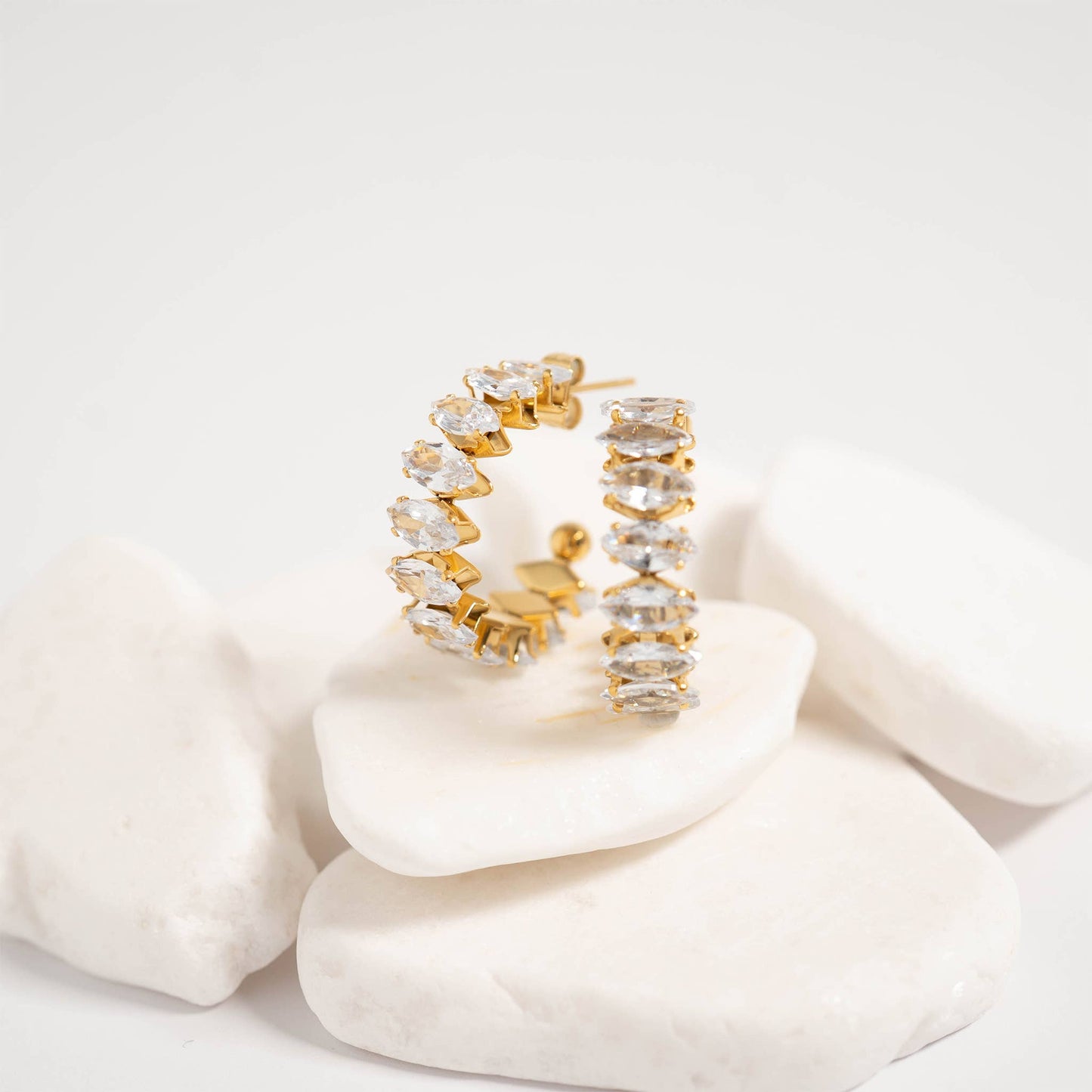 18K Gold PVD Stainless Steel Marquis CZ Stone Hoop Earrings