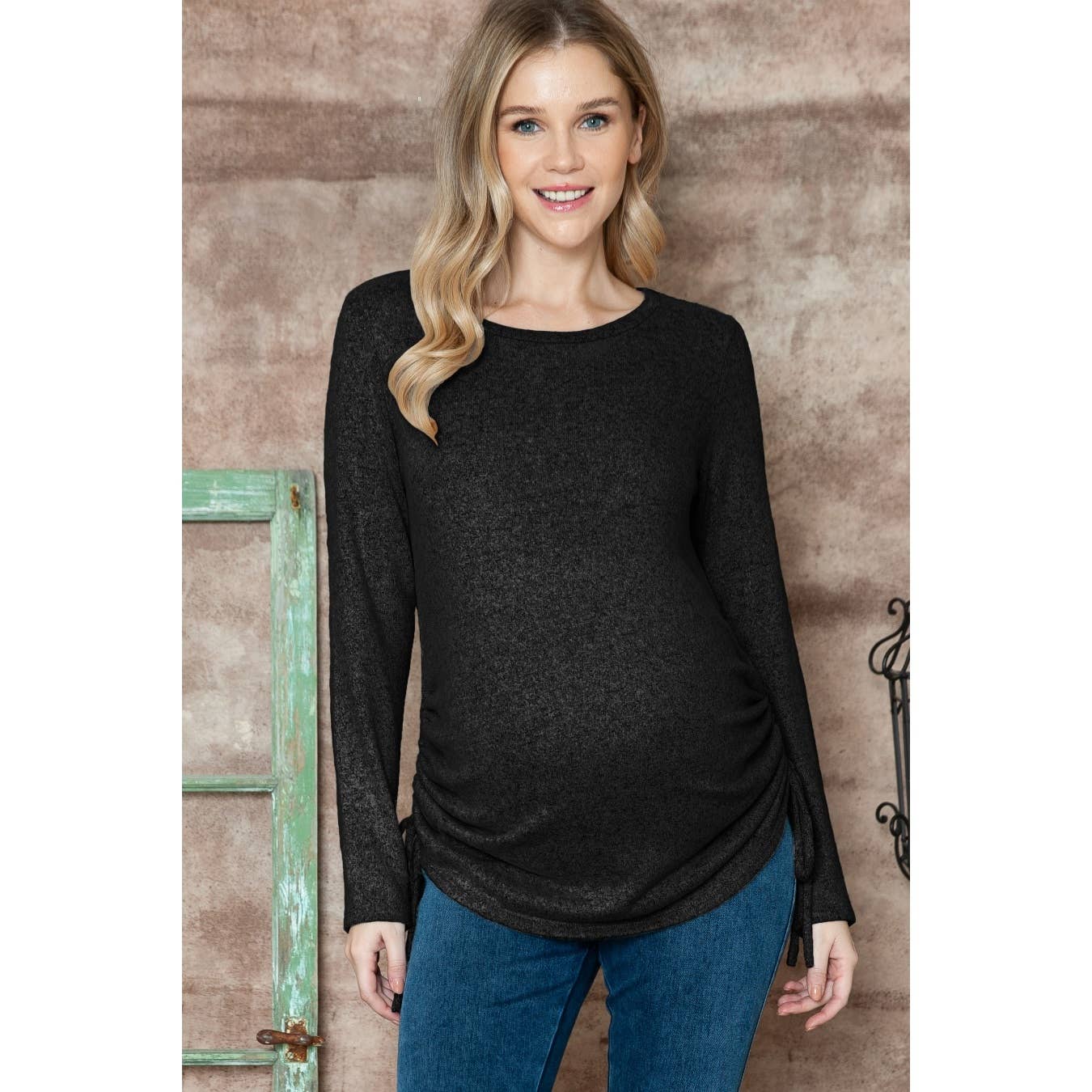 Maternity Long Sleeve Basic Hacci Top with Side Shirring0