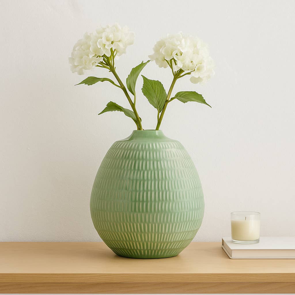 Sagebrook Home - Decorative Vase - Dark Sage Green Ceramic Oval Stripe, 7 in.