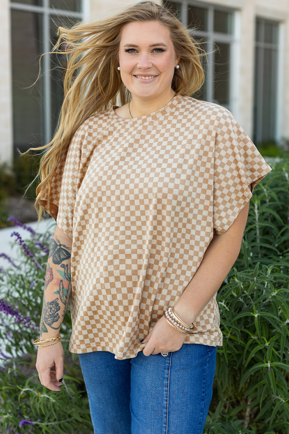 Plus Size Khaki Checkerboard Batwing Sleeve Neck T Shirt