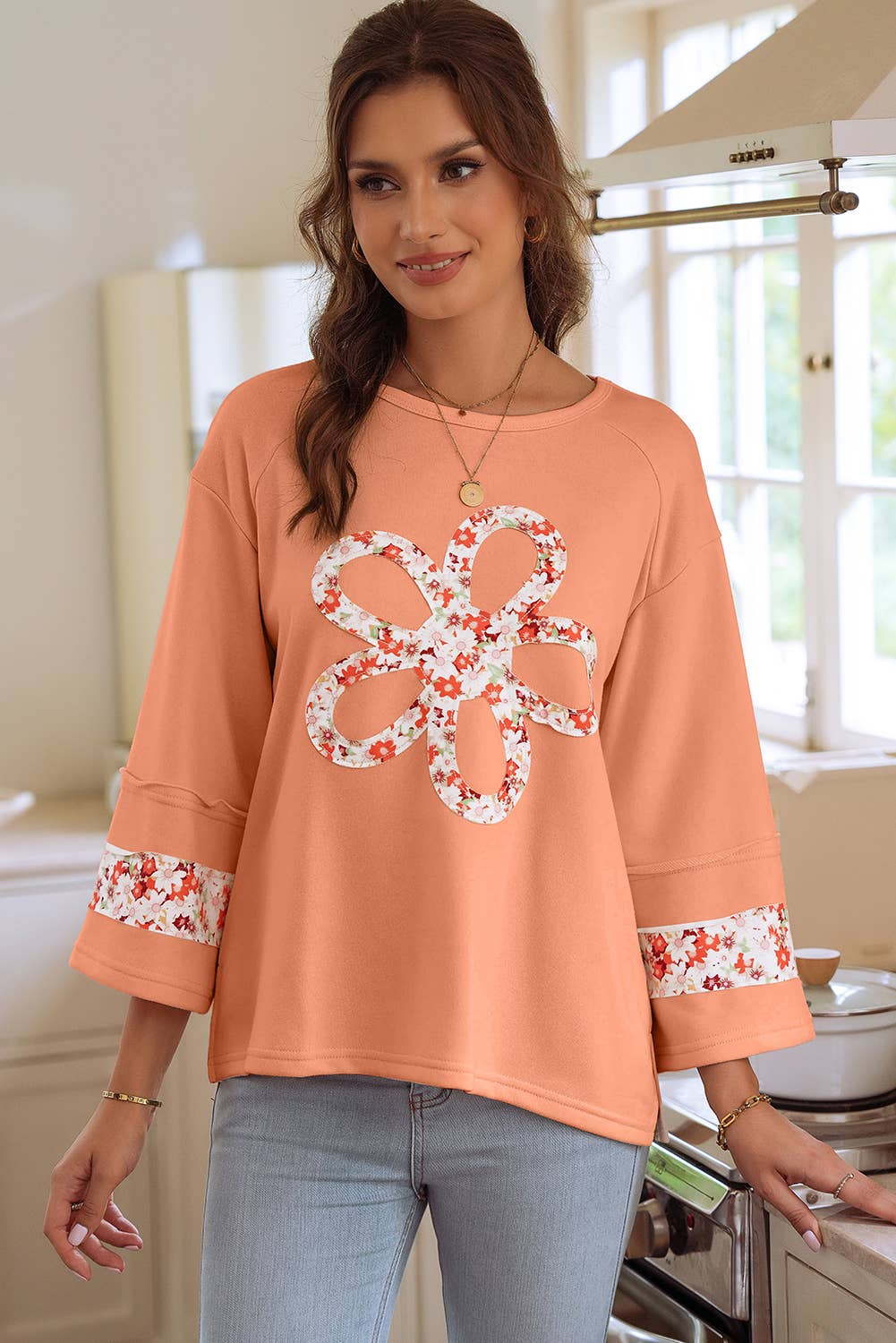 Flower Patch Graphic Exposed Seam Wide Sleeve Top
