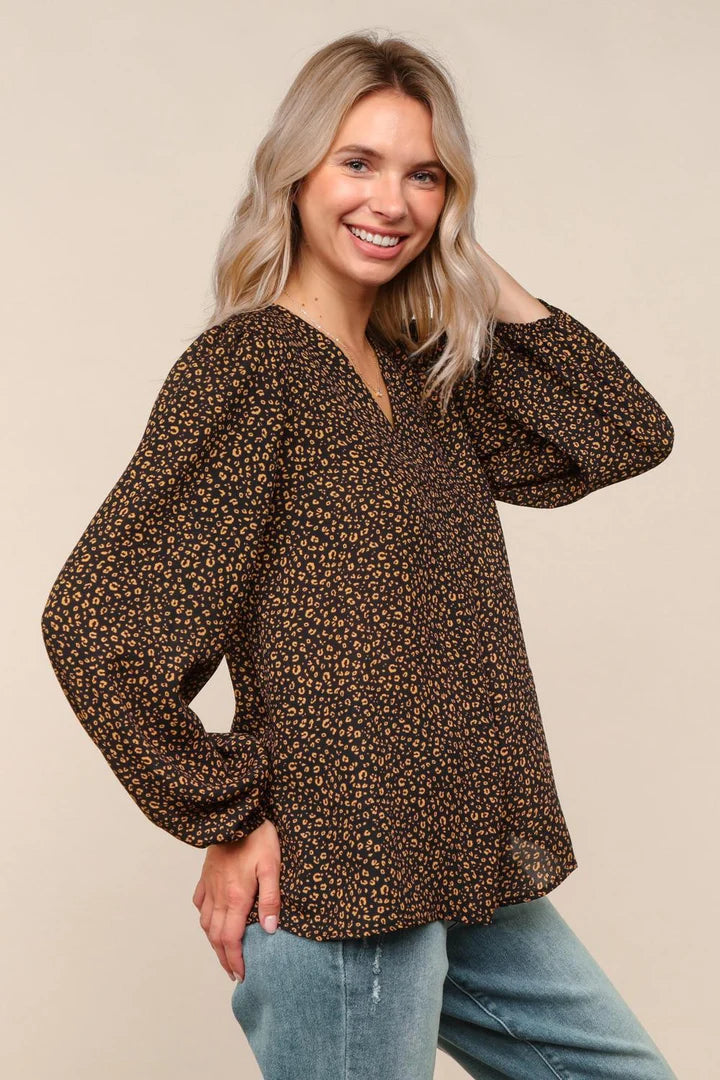 Tucked V-Neck Leopard Print Woven Blouse