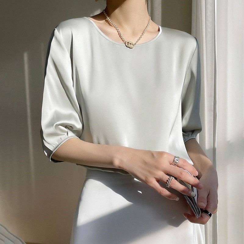 Loose Fit Plus Size Solid Color Satin Short Sleeve T-Shirt