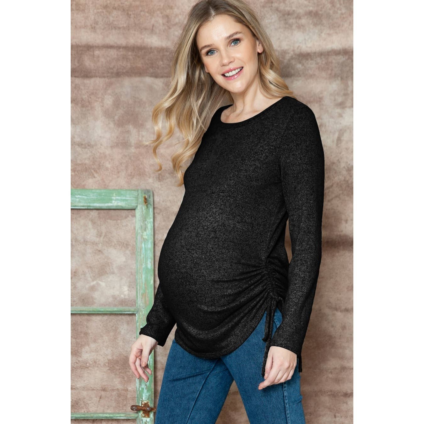 Maternity Long Sleeve Basic Hacci Top with Side Shirring0