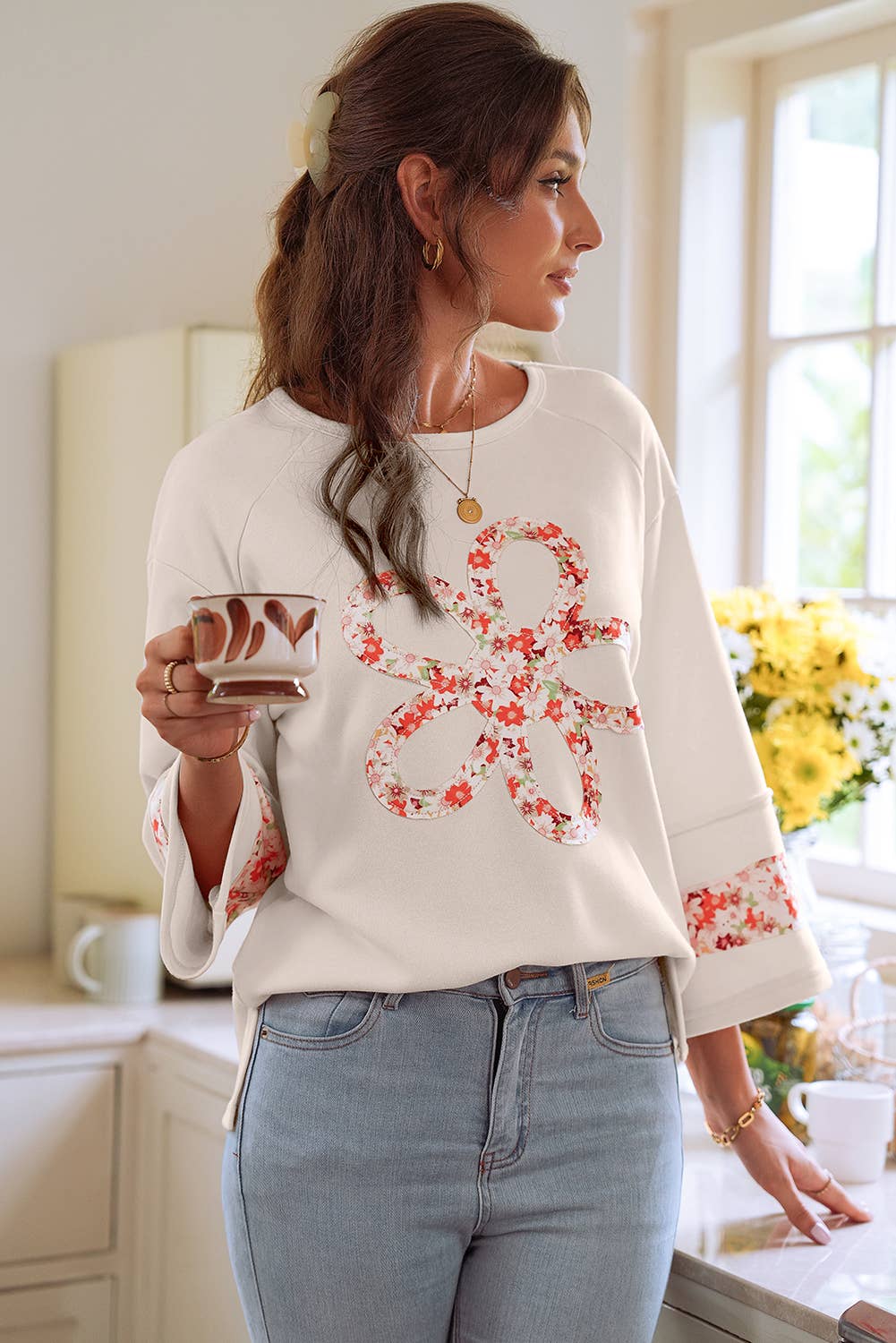 Flower Patch Graphic Exposed Seam Wide Sleeve Top