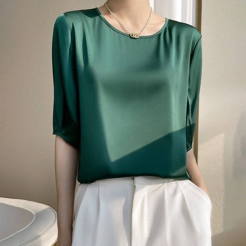 Loose Fit Plus Size Solid Color Satin Short Sleeve T-Shirt