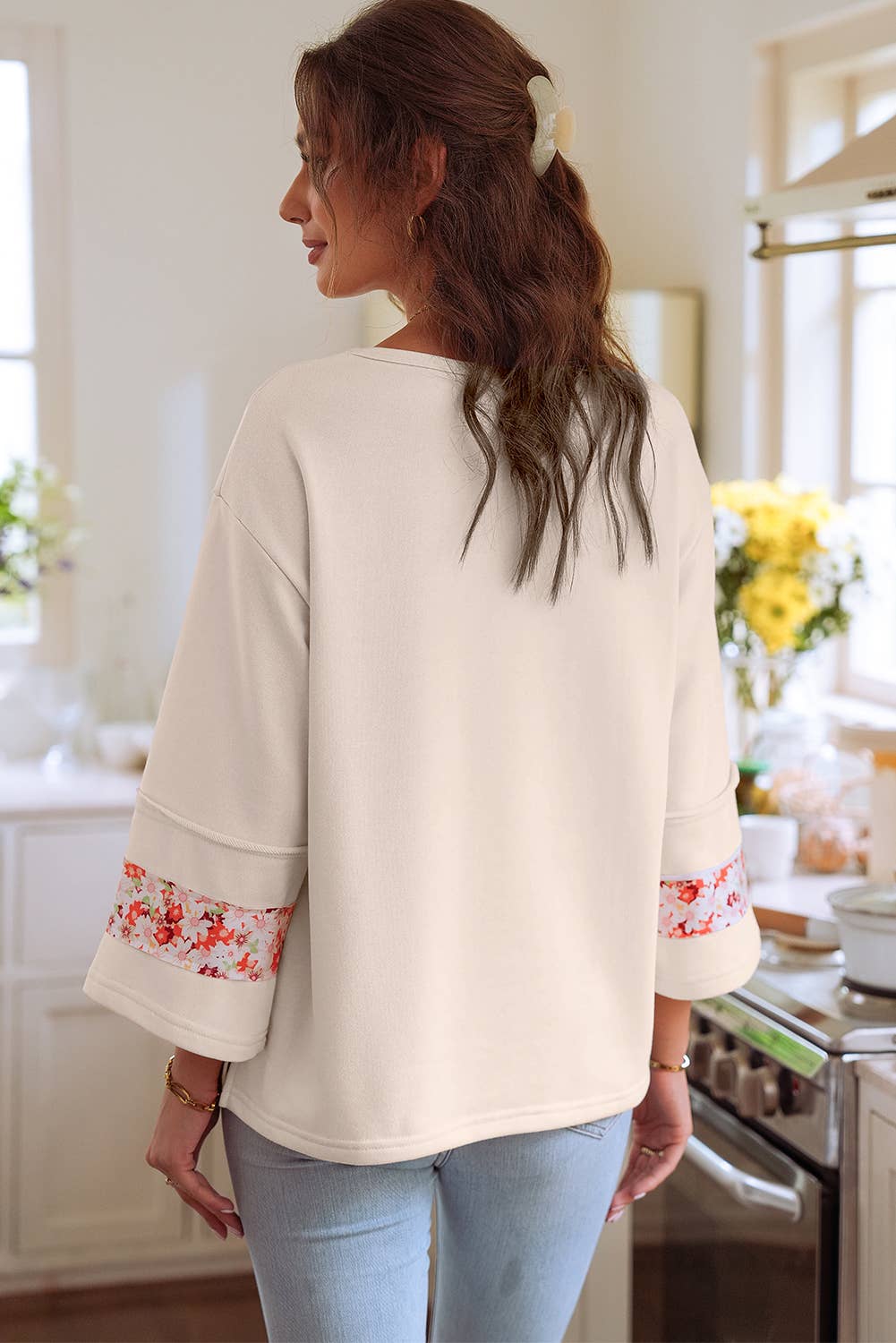 Flower Patch Graphic Exposed Seam Wide Sleeve Top